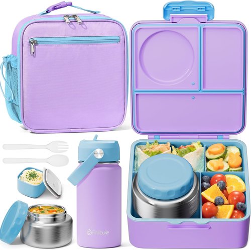 Fimibuke Kids Bento Lunch Box - Leakproof 3-Compartment Container with Insulated Food Jar & Water Bottle