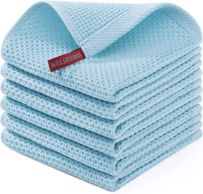 Homaxy Kitchen Dish Cloths - 100% Cotton Waffle Weave, Ultra Soft & Absorbent, 12x12 Inches, 6-Pack | Sky Blue