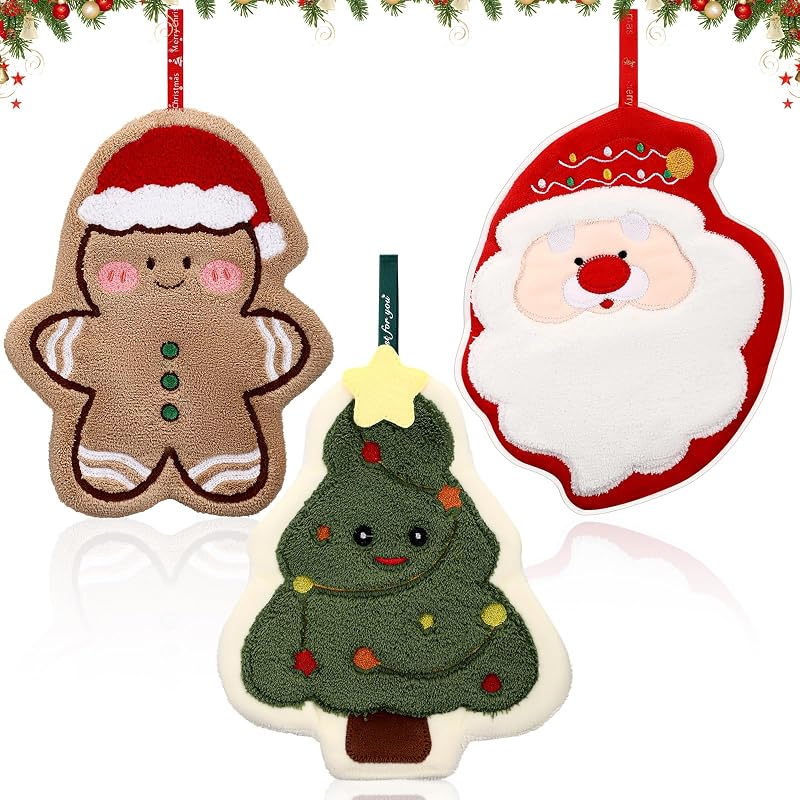 Christmas Hand Towels Set of 3 - Santa, Gingerbread Man & Christmas Tree – Hanging Kitchen & Bathroom Towel