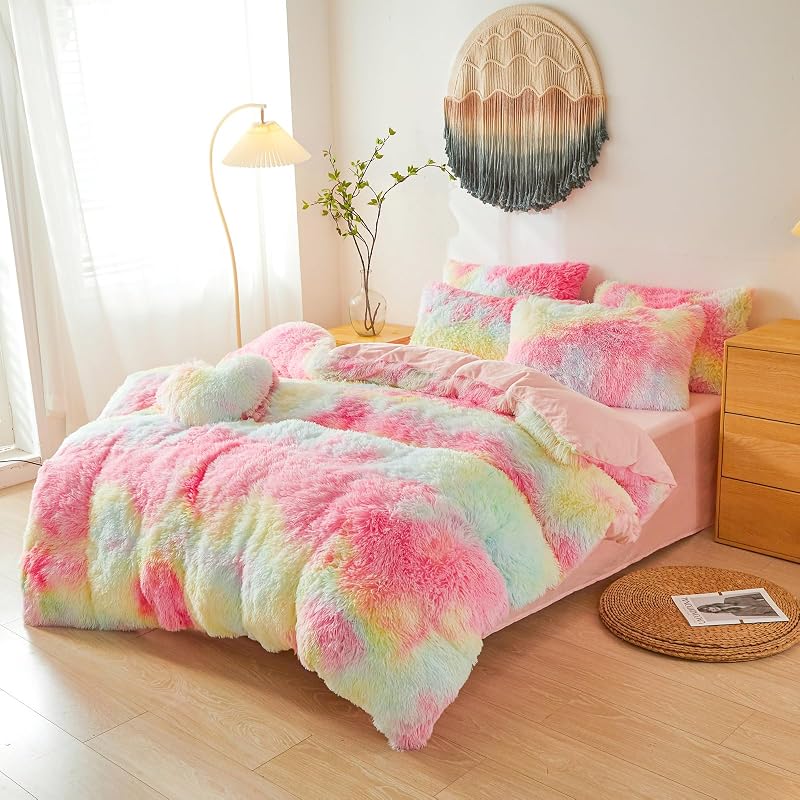 Besfunny Rainbow Faux Fur Twin Comforter Cover Set - 2-Piece Plush Bedding (66x90) Rainbow Twin Variation