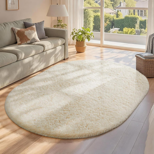 Ophanie 4x6 Oval Ivory Area Rug - Fluffy Plush Shaggy Carpet for Bedroom & Living Room Decor