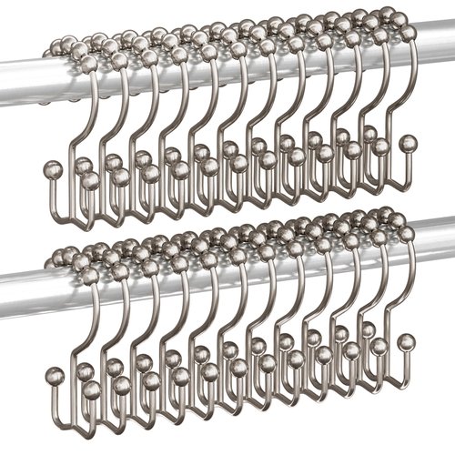 Titanker Shower Curtain Hooks Rings, Rust Resistant Metal Double Glide Shower Hooks Rings for Bathroom Shower Rods Curtains, Set of 24 Hooks - Nickel