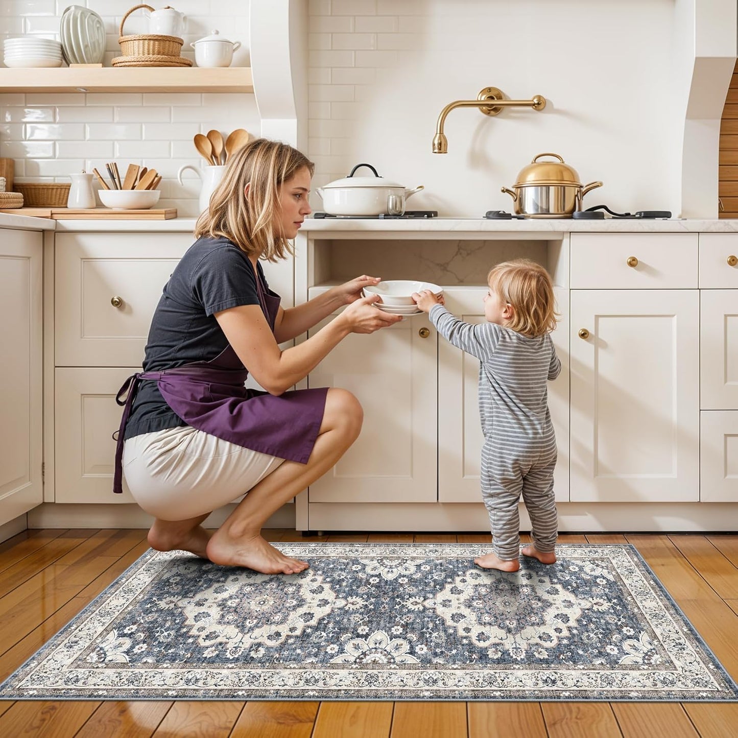 Skiennix Vintage Entryway Runner Rug - Non-Slip, Water-Resistant, Ultra-Thin Design | 2x4 ft, Blue