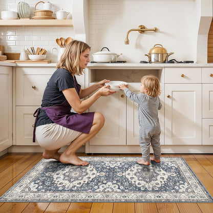 Skiennix Vintage Entryway Runner Rug - Non-Slip, Water-Resistant, Ultra-Thin Design | 2x4 ft, Blue