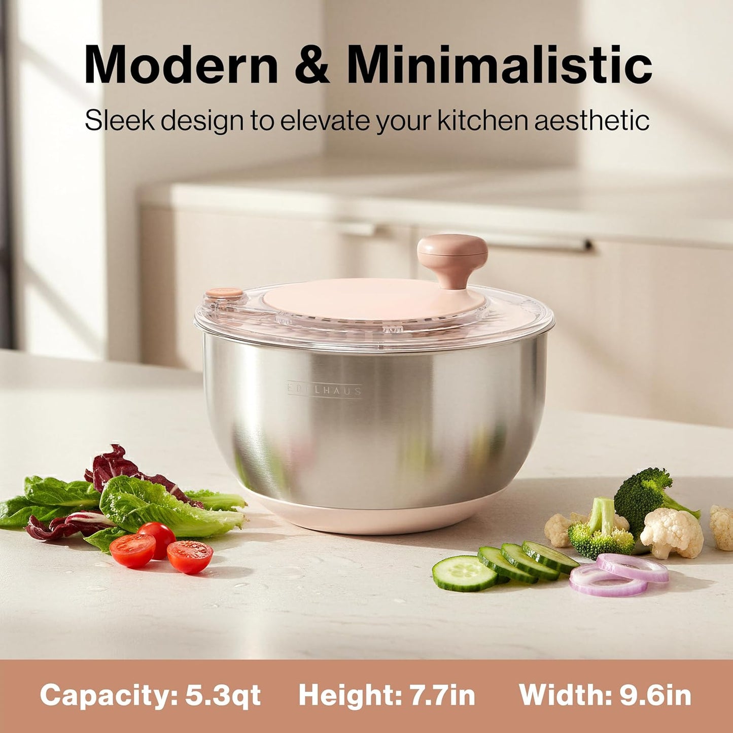 Salad Spinner Stainless Steel 5.3Qt - BPA-Free Lettuce Spinner with Stop Button & Drain Spout