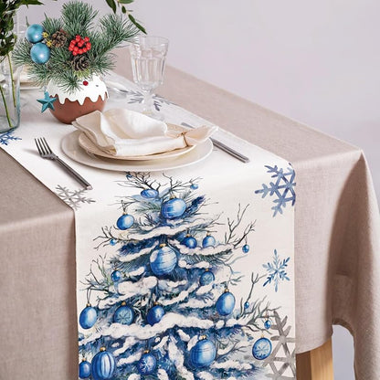 Winter Trees Table Runner 13x108 Inches with Frosty Roses & Christmas Trees – Burlap Style, Seasonal Decor (Variation: Winter Snowflakes Pine Tree 13x108)