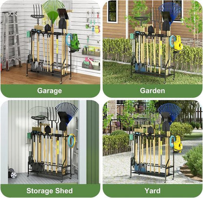 GILLAS Garden Tool Organizer - Sturdy Metal Storage Rack with Hooks for Long-Handled Tools | Black