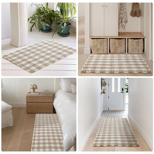 TYUU Waffle Bath Mat, Boho Bathroom Rugs Non Slip Washable Absorbent Checkered Bathroom Mat Quick Dry Farmhouse Bathroom Decor, 36"x24" Khaki and White