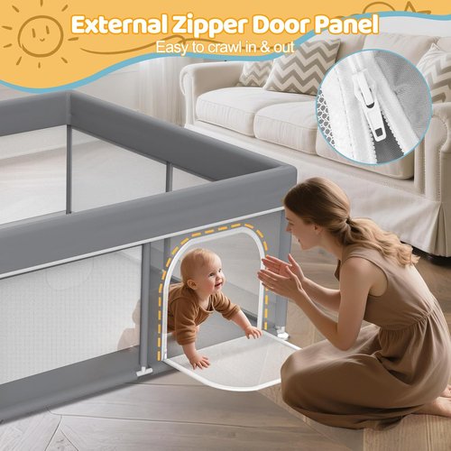 Grey Baby Playpen | 64"x64" Full Cover Anti-Collision Cloth Playard - Modern Infant Activity Center
