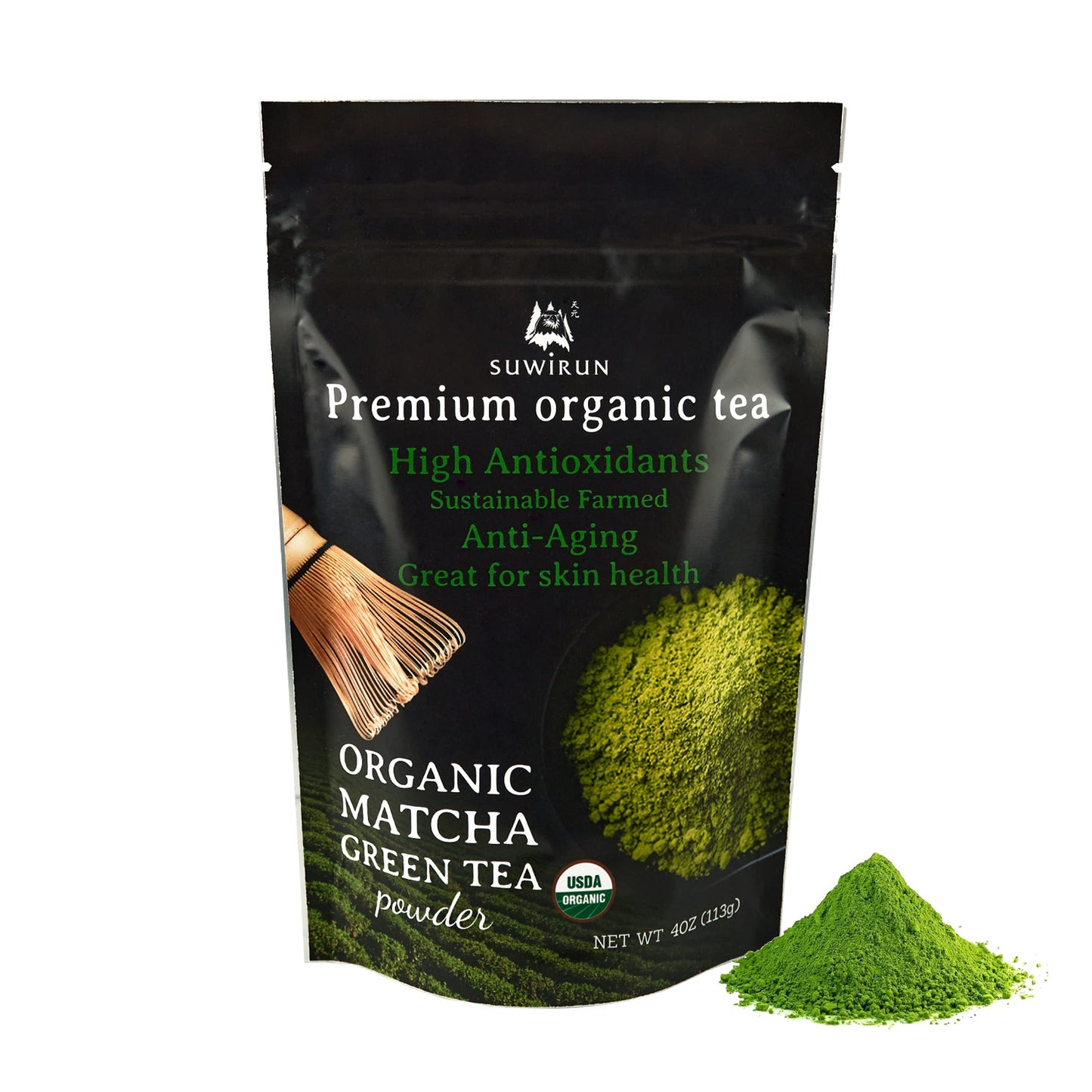 Suwirun Organic Matcha Green Tea Powder 4oz / Japanese Premium Culinary Grade Organic Matcha Powder - Natural Unsweetened Rich Flavor Matcha Powder Boba Tea Powder Latte Smoothie Antioxidants - 1 Pack