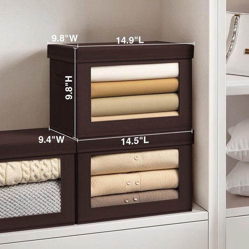 Homsorout Foldable Storage Boxes - Clear Window Clothes Organizers, Fabric Bins, Brown | 3 Pack