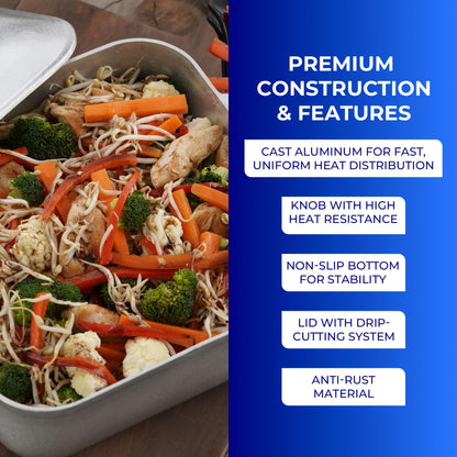 Universal Unique Square Caldero (9 Quart - 24 Cups), Stainless Aluminum Pot, Oven Safe, Even Heat Distribution and Fast Cooking Dutch Oven Pot with Lid, Ideal for Rice, French Fries, and More