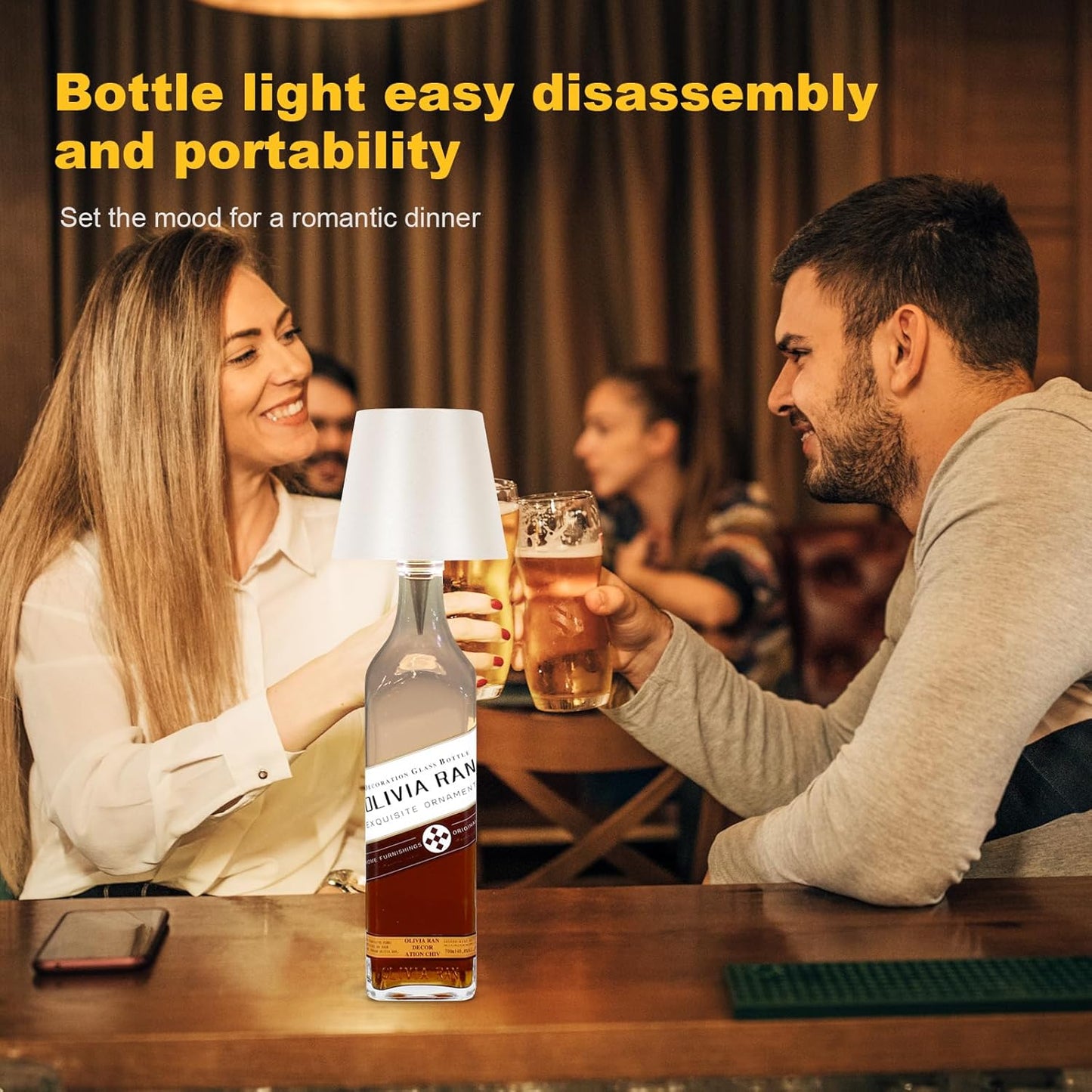 Wireless Bottle Lamp,2025 New 3 Color Rechargeable Wine Bottle Lights for Bars Restaurants (White, 1pc)