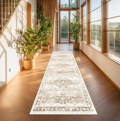 Hazo Haus Hallway Runner Rug - Washable, Non-Slip & Stain Resistant | 2'6"x8' Beige/Latte Boho Floral Decor