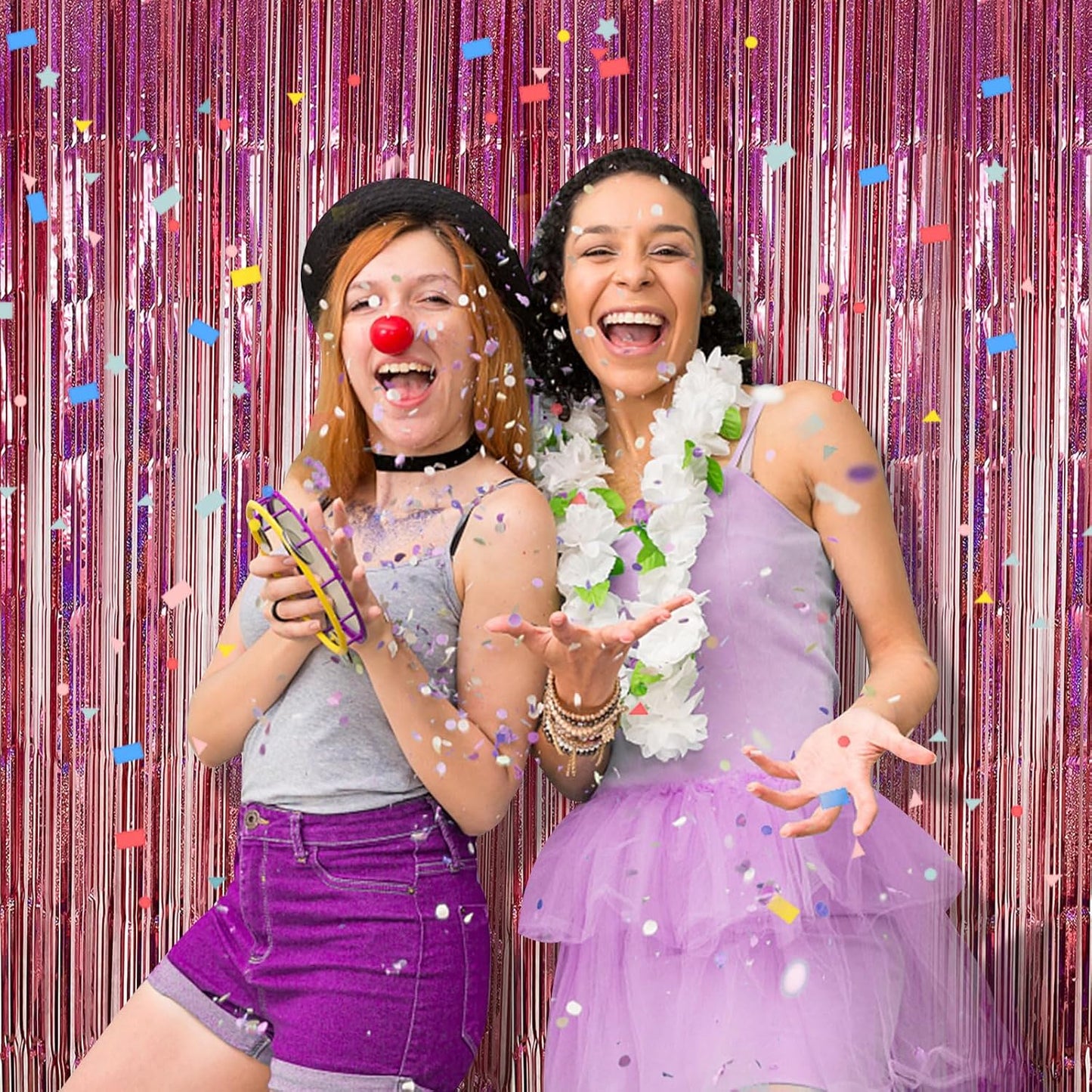 Skiennix 2 Pack Pink Backdrop Decorations - Tinsel Curtain Foil Fringe for Birthday & Graduation