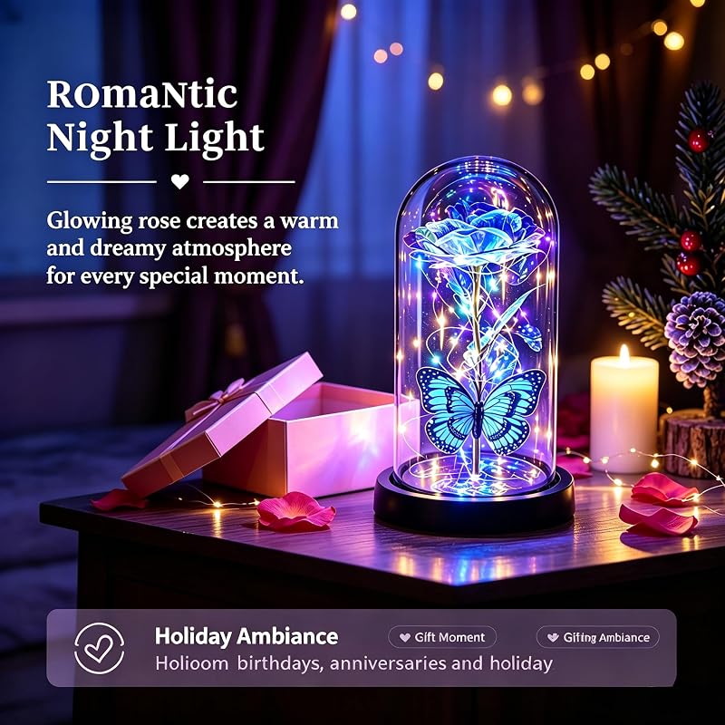 Blue Galaxy Rose LED Glass Dome with Butterfly Ornament – Valentines Gift for Women