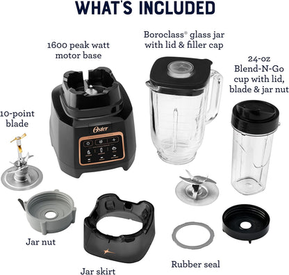 Oster Extreme Mix Blender - 64oz Glass Jar, 1600 Watts, 3 iBlend Presets & 24oz Blend-N-Go Cup