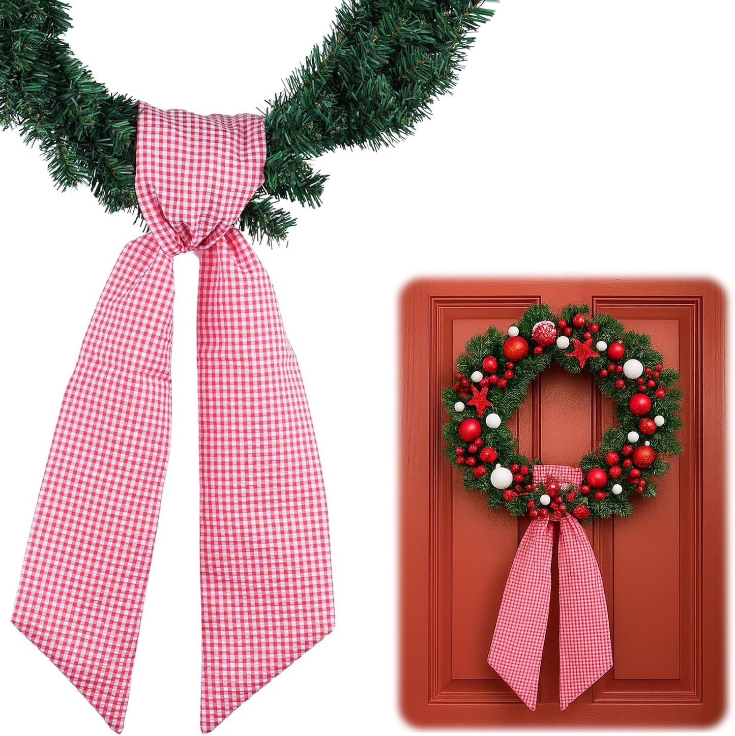 Red White Gingham Wreath Sash by [Brand Name] - 5.12" Wide x 54.33" for Christmas & Patriotic Decor