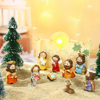 Skiennix Mini Christmas Nativity Set - 11 Colorful Figurines with Light | Rearrangeable Manger Decor