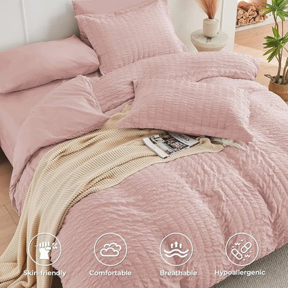 HYMOKEGE Rose Gold Comforter Set - Luxurious 7-Piece All-Season Bedding in Seersucker Design
