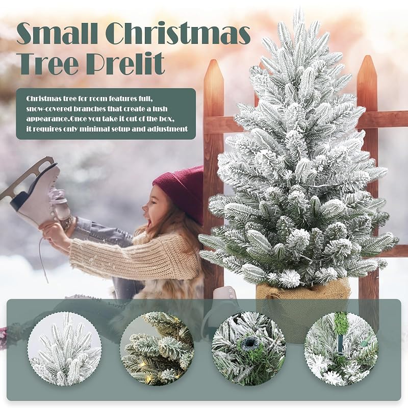 Gfilay 3ft Flocked Prelit Christmas Tree with 60 LED Lights, 8 Modes