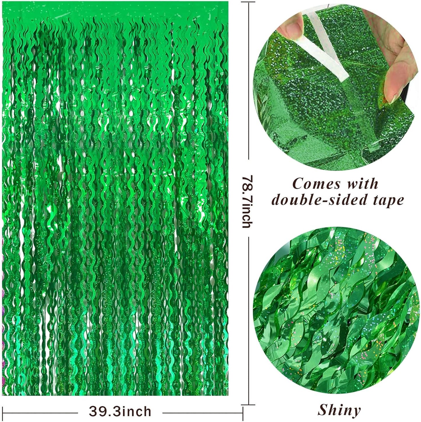 Skiennix Green Tinsel Foil Fringe Curtains - Metallic Wavy Backdrop for Party & Photo Booth Decor