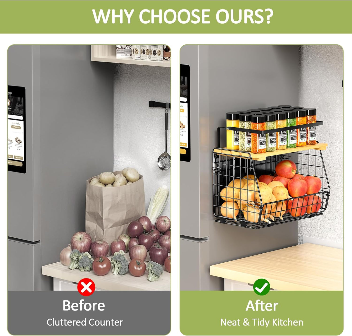 Skiennix Magnetic Shelf for Fridge - 2 Pack Fruit & Vegetable Storage Bins | Kitchen Organizer & Spice Rack