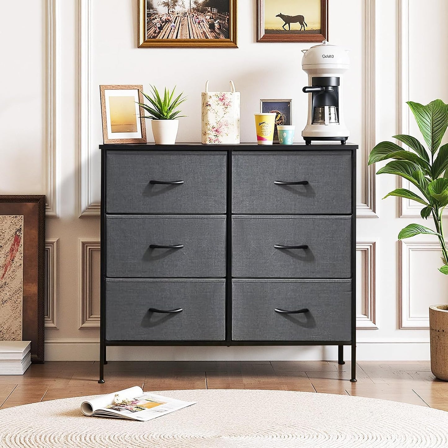 Skiennix 6-Drawer Dresser - Anti-Tip Storage Organizer with Wooden Top & Metal Frame - Gray