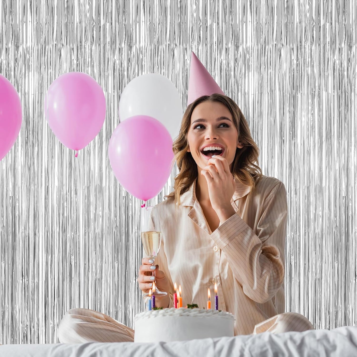 Metallic Silver Fringe Backdrop by [Brand Name] - 12 Pack Tinsel Curtains for Birthday & Disco Party Decor | 3.28 FT x 7.05 FT