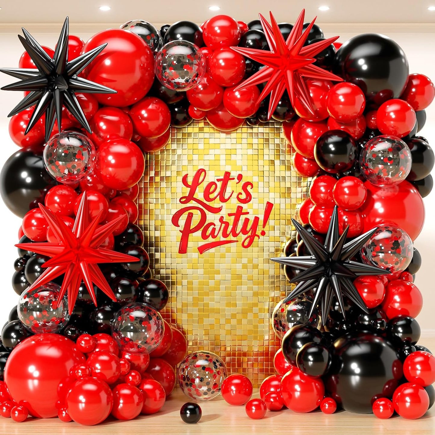 Skiennix 153-Pcs Red & Black Balloon Garland Kit - Festive Arch with Stars for Birthday & Graduation Decor