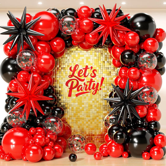 Skiennix 153-Pcs Red & Black Balloon Garland Kit - Festive Arch with Stars for Birthday & Graduation Decor