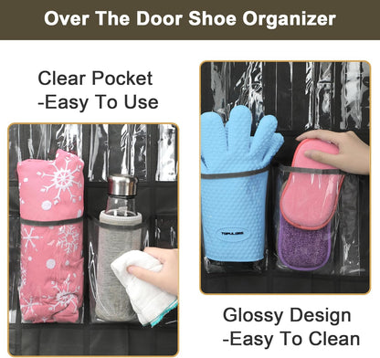 Over The Door Shoe Organizer - Space-Saving Rack with 24 Clear Pockets & Metal Hooks | Black