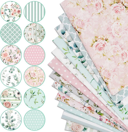Whaline 12Pcs Cotton Fabric Bundles - Floral Greenery Prints | 18 x 22 Inch Fat Quarters for DIY Crafting