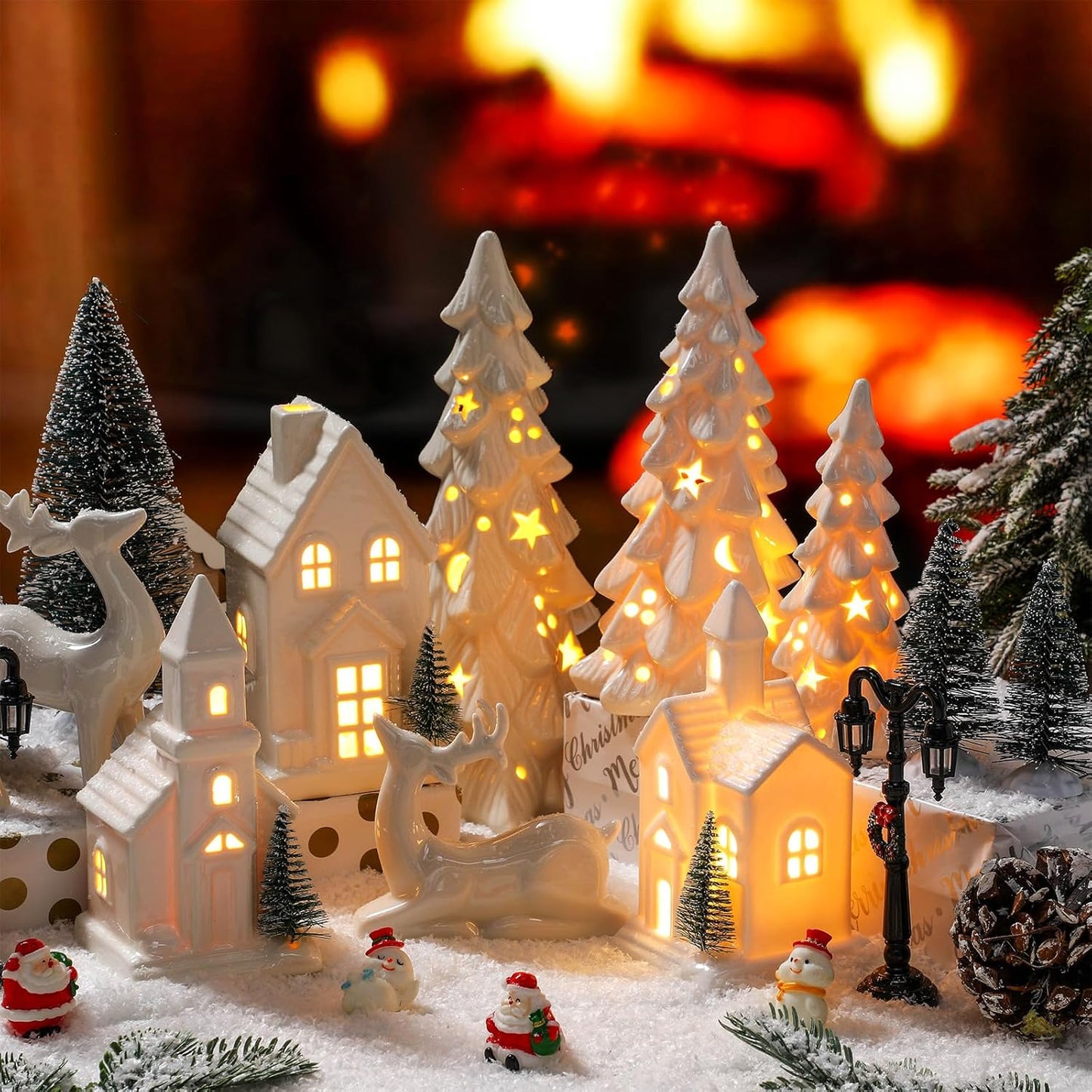 Nuogo 14 Pcs Ceramic White LED Christmas Village Houses Set | Includes Tree & Reindeer Figurine