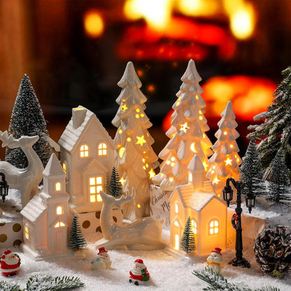 Nuogo 14 Pcs Ceramic White LED Christmas Village Houses Set | Includes Tree & Reindeer Figurine