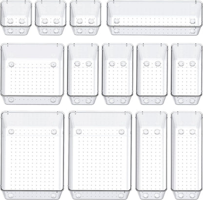 SMARTAKE 13-Piece Drawer Organizers - Non-Slip Silicone Pads for Makeup, Jewelry & Utensils | Clear Storage Trays