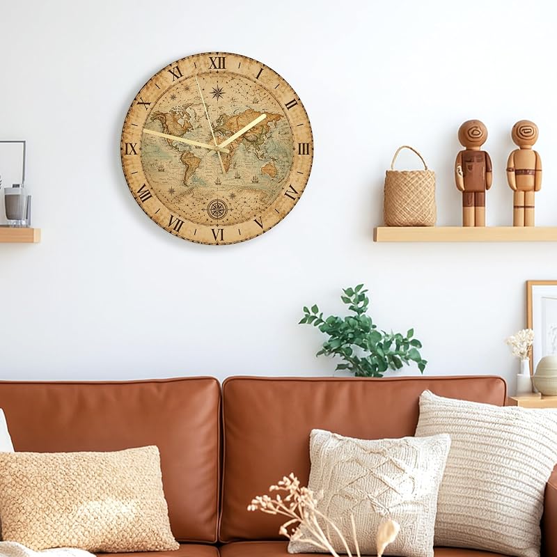 World Map Wall Clock - Vintage Rustic Compass, 11.6x11.6 in, Brown, Silent Non-Ticking