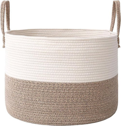 JMvicyroam 65L Extra Large Blanket Basket - Woven Cotton Rope Laundry Hamper with Handles | Machine Washable, White & Brown
