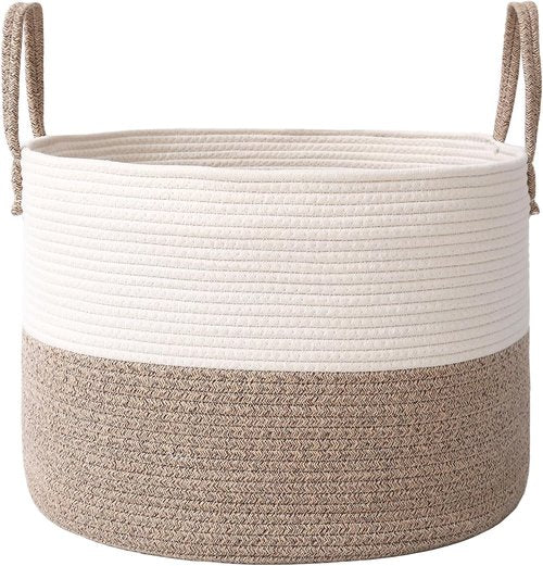JMvicyroam Extra Large Blanket Basket - Woven Cotton Rope Laundry Hamper with Reinforced Handles | White & Brown