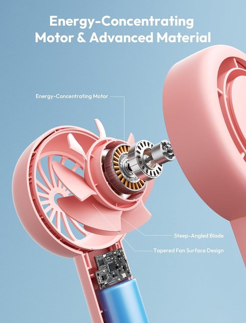 Aecooly Portable Handheld Turbo Fan - 24H Cooling, 5-Speed USB Rechargeable Mini Fan | Pink for Travel & Home