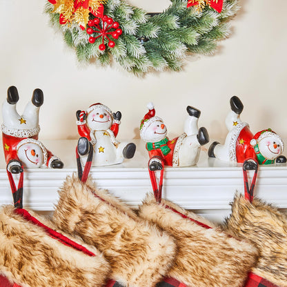 Minetom Christmas Stocking Holders for Mantle Set of 4, 3D Resin Snowman Figurines Stocking Hangers, Home Xmas Decorations for Fireplace Mantel Table Garland