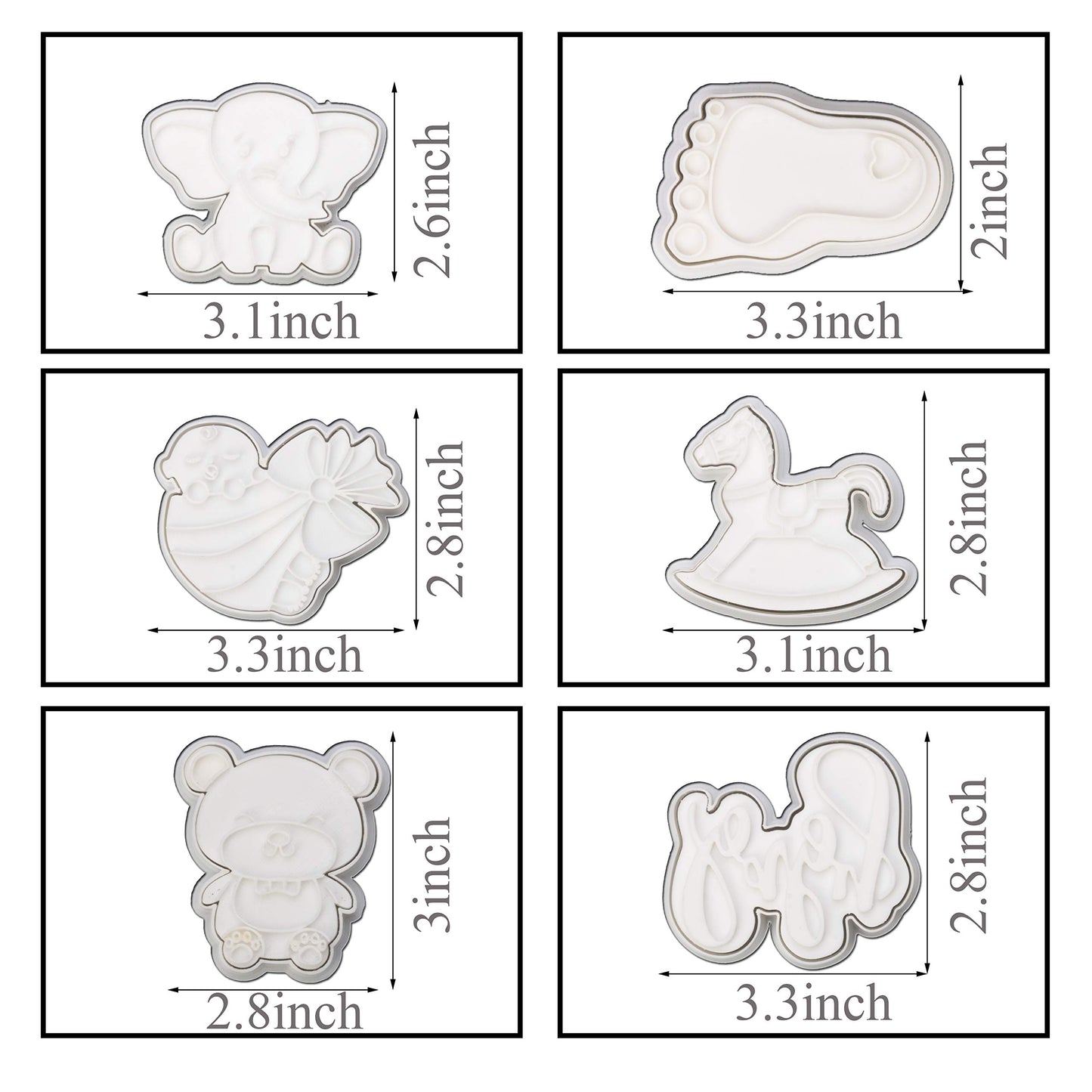 Baby Shower Cookie Cutter 6 Pack 3D Stampers Molds DIY Fondant Decorating for Kids' Birthday Party Kitchen Tools, Making Rocking Horse Baby Face Letter Teddy Bear Elephant Foot