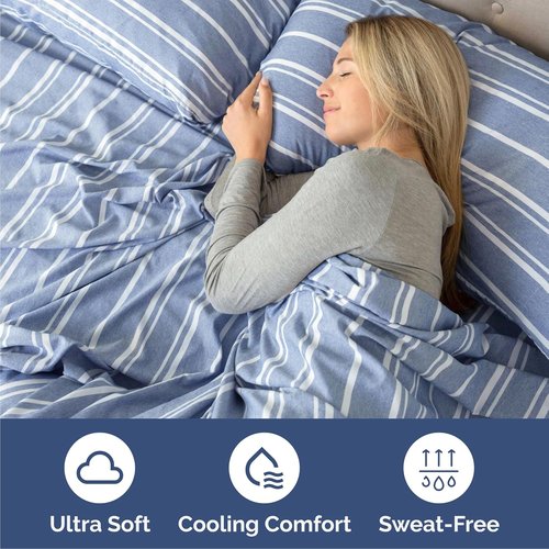 Cal King Size 4-Piece Sheet Set by [Brand Name] - Comfy, Breathable & Cooling Bedding - Deep Pockets, Wrinkle-Free, Blue Stripes