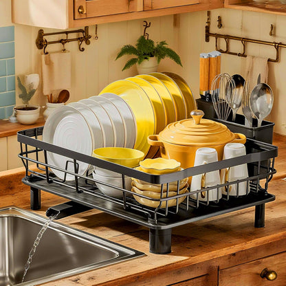 MOUKABAL Stainless Steel Dish Drying Rack - Removable Utensil Holder & Drainboard | Black, 13"W x 17"L