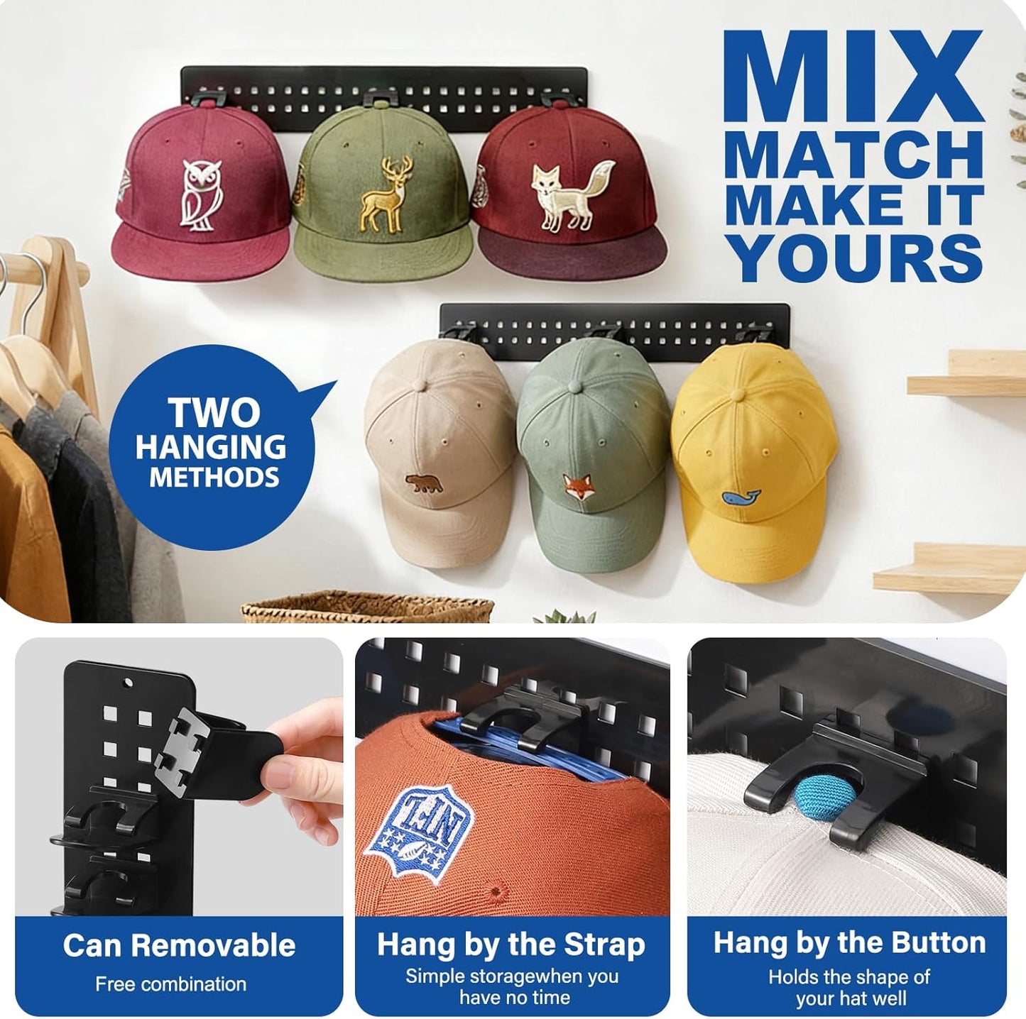 Skiennix Hat Hook Organizer - 2 Pack Baseball Cap Hanger with Strong Adhesive | Multilayer Storage for 20 Caps - Black