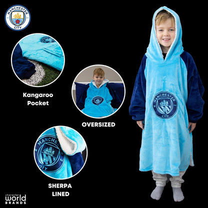 Manchester City FC Oversized Wearable Fleece Blanket, Super Warm and Cosy Premium Sherpa Lined, Design Perfect For Kids Aged 7-12 Years, One Size