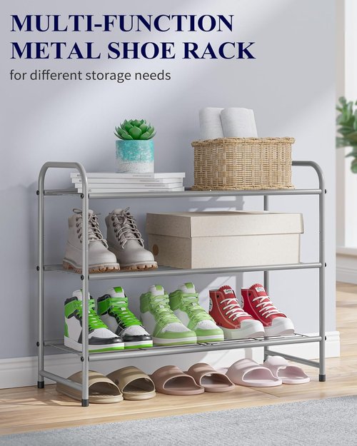 Kitsure Shoe Rack - Sturdy Stainless Steel Organizer for Closet & Entrance | 3-Tier, 25.6" Wide, Grey