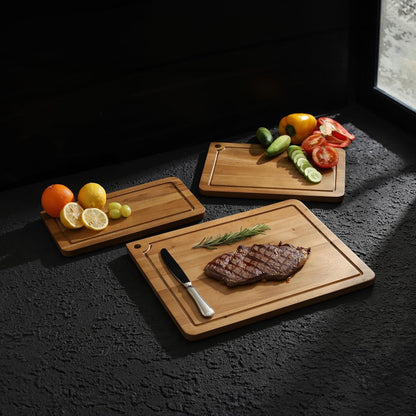 Sango Acacia Cutting Board Set - 3-Piece Wood Chopping Boards with Juice Grooves & Hanging Holes | Stackable, Reversible, Non-Toxic
