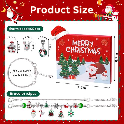 Christmas Advent Calendar Bracelets 2026 - DIY Jewelry Kit with 22 Charm Beads & 2 Adjustable Bracelets for Girls