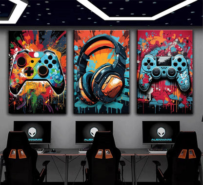 Skiennix Retro Video Game Wall Art - 3Pcs Colorful Neon Gamepad Canvas Prints | 16x24in Ready to Hang